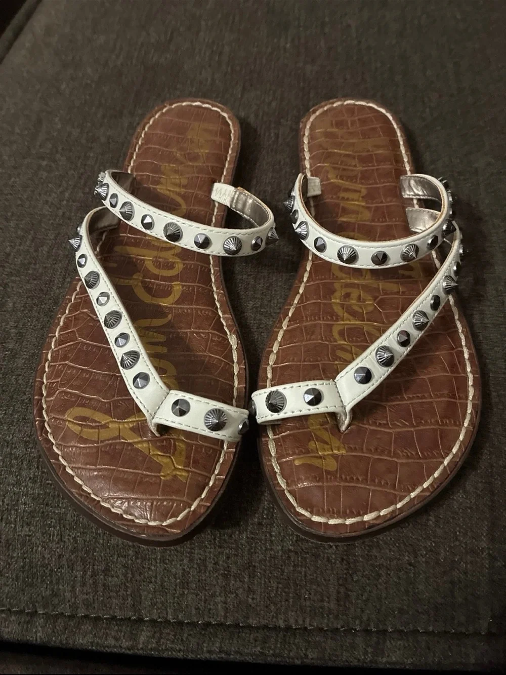 White Studded Women's Leather Sandals Sam Edelman 7
